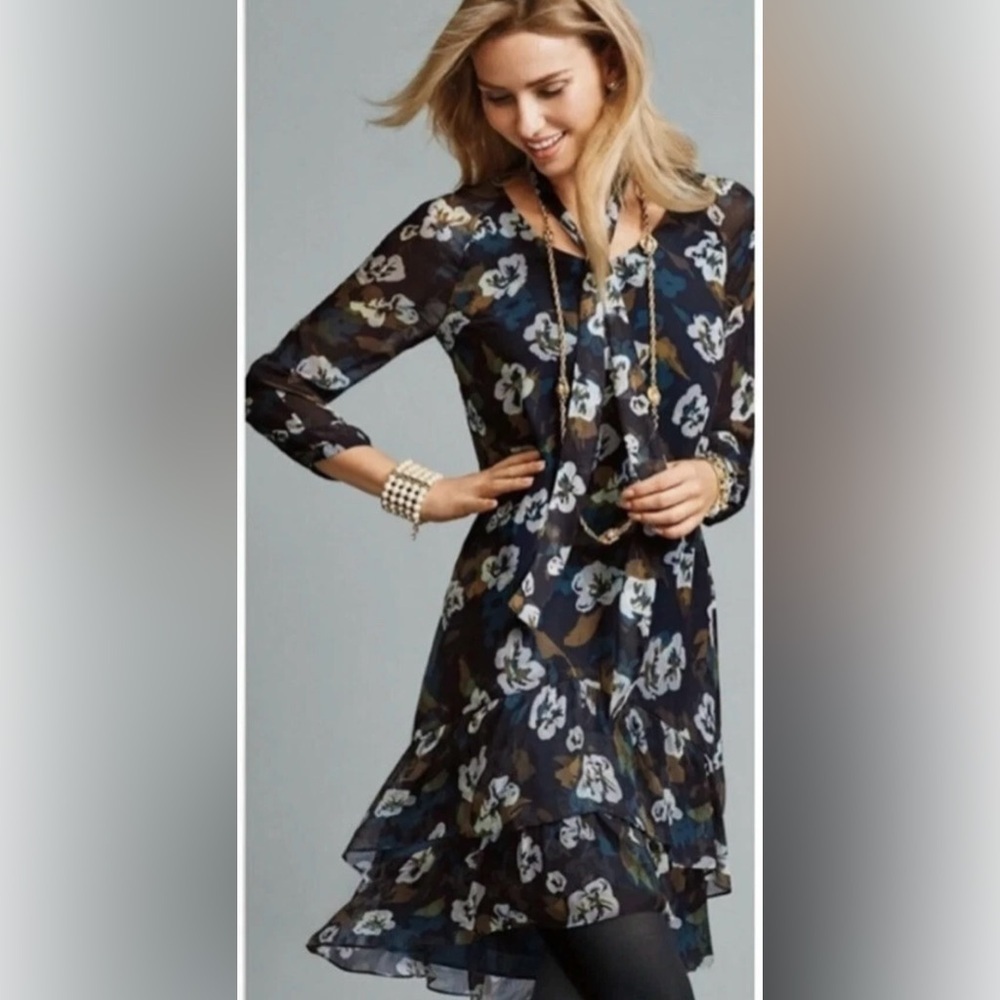 CAbi Black Floral Long-Sleeve Tie-Neck Dress